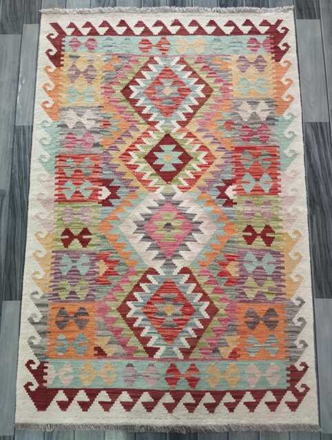 Handmade Afghan Kilim Rug, Multicolour Artisan Turkish Persian Navajo Flatweave, Natural Wool, Classic Tribal Geometric Design 148x98 cm - image 1
