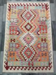 Handmade Afghan Kilim Rug, Multicolour Artisan Turkish Persian Navajo Flatweave, Natural Wool, Classic Tribal Geometric Design 148x98 cm - thumbnail 1