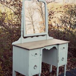 Sold - Chippy & Shabby-Chic Pale Blue & Walnut Vanity/Dressing Table With Tilt Mirror, Painted Furniture, Up-Cycled, Cottage Chic - thumbnail 2