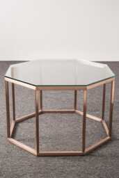 Hexagon Glass Coffee Table, Stainless Steel Legs, Mid Century Modern