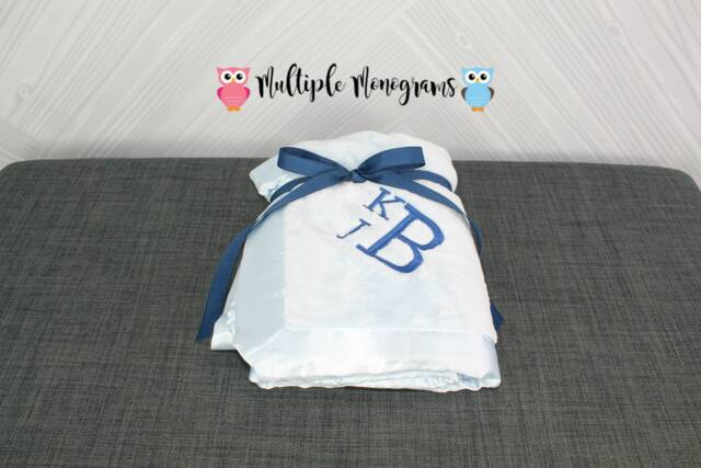Monogrammed Baby Satin Trim Microfleece Blanket Light Pink, Blue & White - image 1