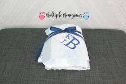 Monogrammed Baby Satin Trim Microfleece Blanket Light Pink, Blue & White - thumbnail 1