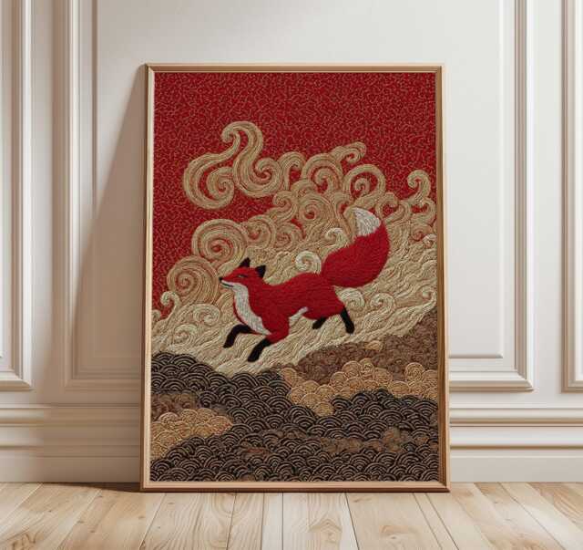 Red Fox Poster, Japanese Art Print, Gold & Black Patterned Wall - image 1