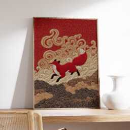Red Fox Poster, Japanese Art Print, Gold & Black Patterned Wall - thumbnail 2