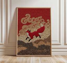 Red Fox Poster, Japanese Art Print, Gold & Black Patterned Wall - thumbnail 1