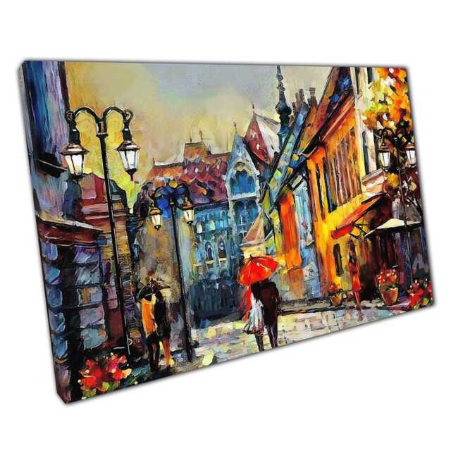 Rainy Budapest Street Scene Textured Oil Painting Style Canvas Print For Home & Office Decor - image 1
