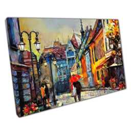 Rainy Budapest Street Scene Textured Oil Painting Style Canvas Print For Home & Office Decor - thumbnail 1