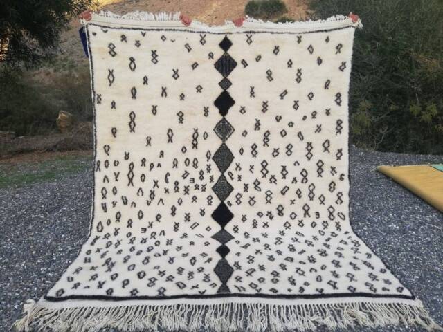 Natural Handmade 8x10 Area Rug, Moroccan Beni Mrirt 100% Wool Rug With Neutral & Black Abstract Design, Handwoven White Carpet - image 1