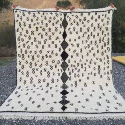 Natural Handmade 8x10 Area Rug, Moroccan Beni Mrirt 100% Wool Rug With Neutral & Black Abstract Design, Handwoven White Carpet - thumbnail 2