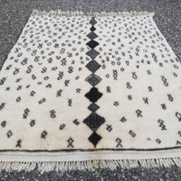 Natural Handmade 8x10 Area Rug, Moroccan Beni Mrirt 100% Wool Rug With Neutral & Black Abstract Design, Handwoven White Carpet - thumbnail 3