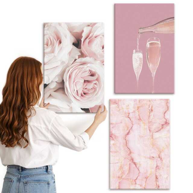 Canvas Set Of 3 - Champagne Roses & A Pastel Marble Background, Pink Wall Art Print, Plants Flowers Decor - image 1