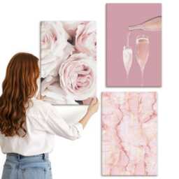 Canvas Set Of 3 - Champagne Roses & A Pastel Marble Background, Pink Wall Art Print, Plants Flowers Decor