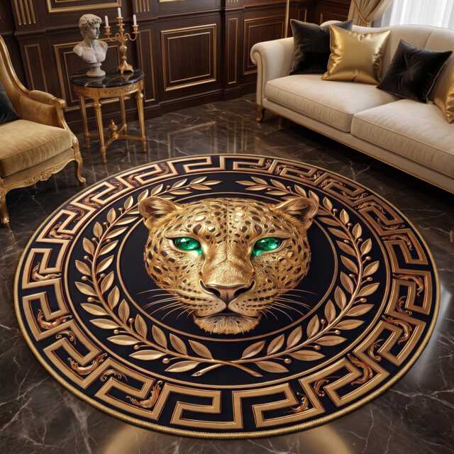 Gold Panther Emerald Eye Circle Carpet, Luxury Leopard Greek Border Key Gothic Floor Mat - image 1