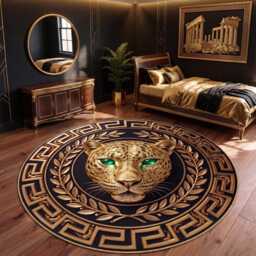 Gold Panther Emerald Eye Circle Carpet, Luxury Leopard Greek Border Key Gothic Floor Mat - thumbnail 2