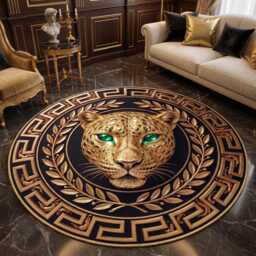 Gold Panther Emerald Eye Circle Carpet, Luxury Leopard Greek Border Key Gothic Floor Mat