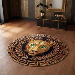 Gold Panther Emerald Eye Circle Carpet, Luxury Leopard Greek Border Key Gothic Floor Mat - thumbnail 3