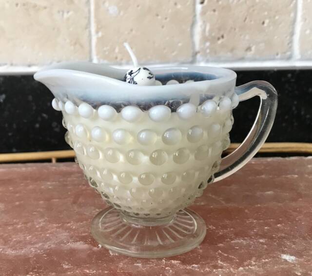 Lavender Scented Soy Candle in Fenton Hobnail Silver Crest Creamer With Dried Herbs & Gem Healing Stones - image 1