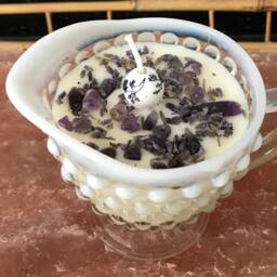 Lavender Scented Soy Candle in Fenton Hobnail Silver Crest Creamer With Dried Herbs & Gem Healing Stones - thumbnail 3