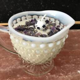 Lavender Scented Soy Candle in Fenton Hobnail Silver Crest Creamer With Dried Herbs & Gem Healing Stones - thumbnail 4