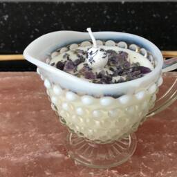Lavender Scented Soy Candle in Fenton Hobnail Silver Crest Creamer With Dried Herbs & Gem Healing Stones - thumbnail 2