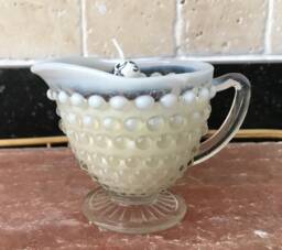 Lavender Scented Soy Candle in Fenton Hobnail Silver Crest Creamer With Dried Herbs & Gem Healing Stones