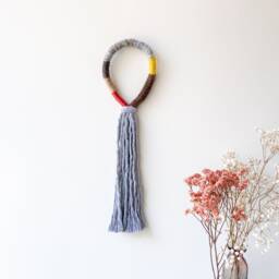 Macrame Rope Tassel Wall Decor, Wrapped Macrame Loop Hanging, Fringed Mural Art, Grey Knotted Fiber Art - thumbnail 2