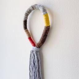 Macrame Rope Tassel Wall Decor, Wrapped Macrame Loop Hanging, Fringed Mural Art, Grey Knotted Fiber Art - thumbnail 3