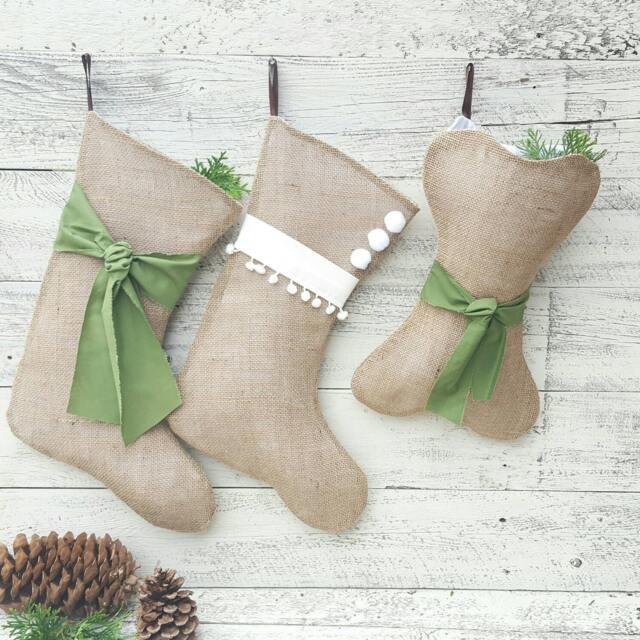 Set Of 3 Christmas Burlap Stockings, Natural Jute-Personalized Names Dog, Hygge Tie Stocking, Handmade in Washington State, Puppy Stocking - image 1
