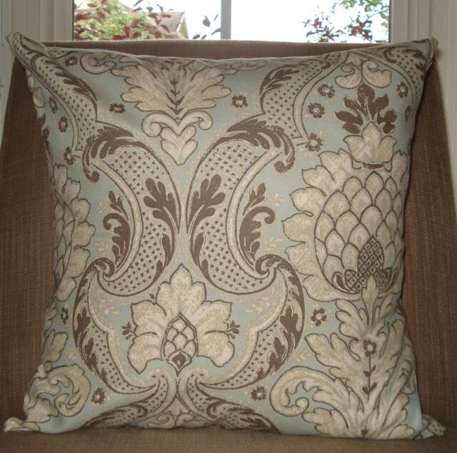 New 18x18 Inch Designer Handmade Pillow Case in A Blue, Taupe & White Traditional Pattern