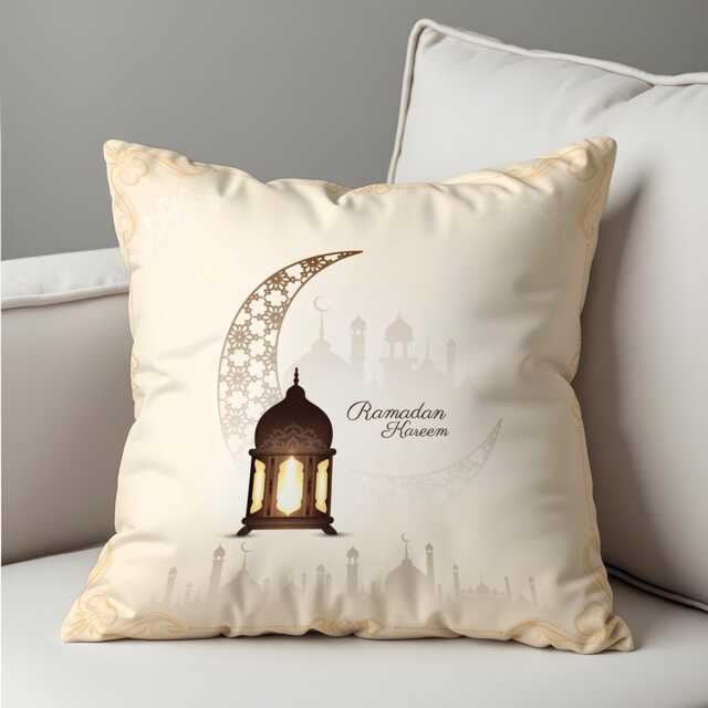 Ramadan Kareem Cushion Cover, Cream Islamic Lantern Pillow Case, Crescent Moon Mosque Design, Decor - image 1
