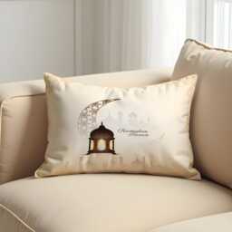 Ramadan Kareem Cushion Cover, Cream Islamic Lantern Pillow Case, Crescent Moon Mosque Design, Decor - thumbnail 2