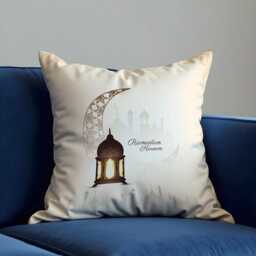 Ramadan Kareem Cushion Cover, Cream Islamic Lantern Pillow Case, Crescent Moon Mosque Design, Decor - thumbnail 3