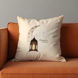 Ramadan Kareem Cushion Cover, Cream Islamic Lantern Pillow Case, Crescent Moon Mosque Design, Decor - thumbnail 4