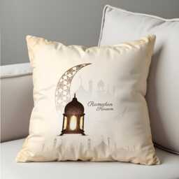 Ramadan Kareem Cushion Cover, Cream Islamic Lantern Pillow Case, Crescent Moon Mosque Design, Decor - thumbnail 1