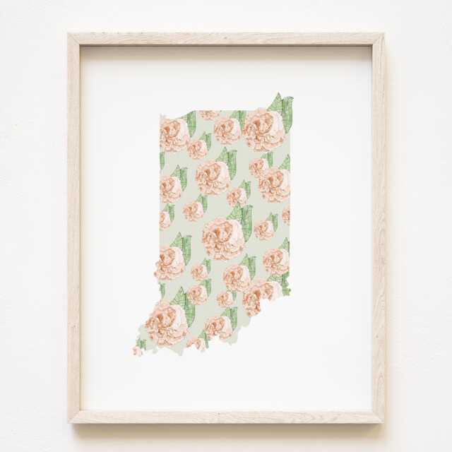 Indiana State Flower Map Watercolor Peony - Art Print Wall Graduation Wedding Anniversary Realtor Moving Gift Midwest Indianapolis - image 1