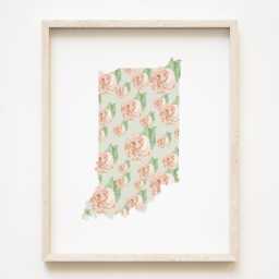 Indiana State Flower Map Watercolor Peony - Art Print Wall Graduation Wedding Anniversary Realtor Moving Gift Midwest Indianapolis - thumbnail 1
