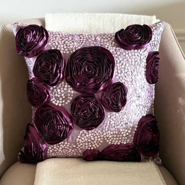 Vine Purple Art Silk Sequin & Ribbon Embroidered Rose Decorative Throw Pillow Cover, 16x16 Modern Cushion Cover, Floral Pillow-Wine And - image 1