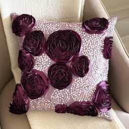 Vine Purple Art Silk Sequin & Ribbon Embroidered Rose Decorative Throw Pillow Cover, 16x16 Modern Cushion Cover, Floral Pillow-Wine And - thumbnail 2