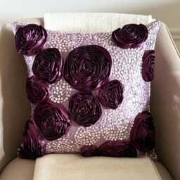 Vine Purple Art Silk Sequin & Ribbon Embroidered Rose Decorative Throw Pillow Cover, 16x16 Modern Cushion Cover, Floral Pillow-Wine And