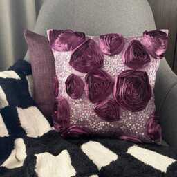 Vine Purple Art Silk Sequin & Ribbon Embroidered Rose Decorative Throw Pillow Cover, 16x16 Modern Cushion Cover, Floral Pillow-Wine And - thumbnail 3