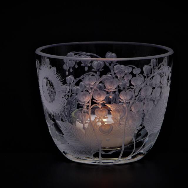 Lantern Candle Holder Bleeding Heart Sun Deep Cut Engraving Mouth Blown Hand Engraved