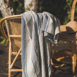 Linen Beach Towel, French Style Linen Blanket, Summer Natural Picnic Striped Blanket - thumbnail 3