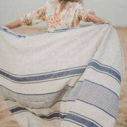 Linen Beach Towel, French Style Linen Blanket, Summer Natural Picnic Striped Blanket - thumbnail 2