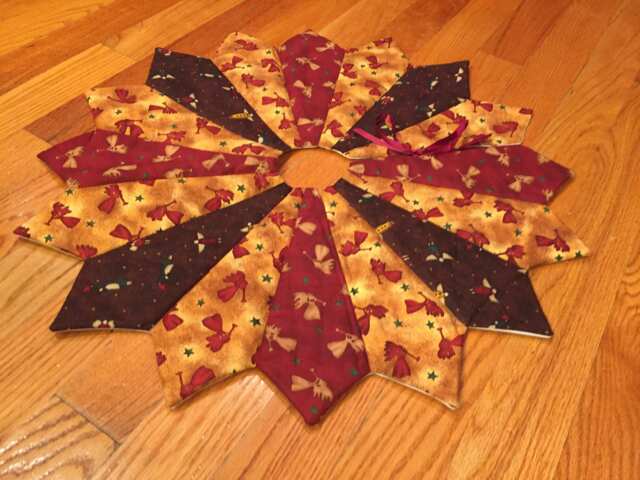 Christmas Tree Skirt, 26 in Diameter, Table Top, Mini, Angel, Small, Quilted, Vintage Fabric, Pieced, Country, Rustic, Burgundy - image 1