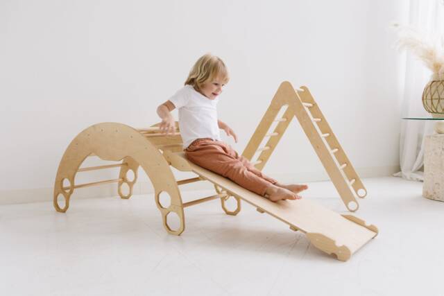 Climbing Set Of 3 Items With Cushion, Toddler Rocker, Montessori Furniture, Baby Wooden Gym, Arch Pillow, Foldable Triangle, 1st Gift - image 1