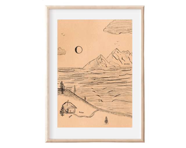 Oceanside Cabin Art Print - Cosy Alpine Hut, Minimalist Sketch - image 1