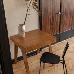 Oak Veneer Dining Chair Black Metal Frame, Stackable Seating - thumbnail 3