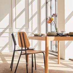 Oak Veneer Dining Chair Black Metal Frame, Stackable Seating - thumbnail 2
