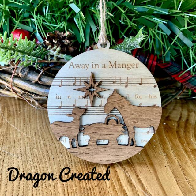 Away in A Manger Wooden Bauble, Christmas Tree Ornament, Carol, Nativity Scene - image 1