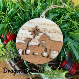 Away in A Manger Wooden Bauble, Christmas Tree Ornament, Carol, Nativity Scene - thumbnail 2